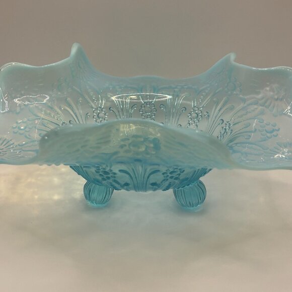 Antique Northwood Blue Opalescent Pearl Flowers Footed Bowl 9” Diameter - Picture 4 of 6